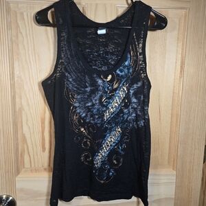 Harley-Davidson Graphic Tank Top Black Teal Burnout Wings Rhinestones Womens XL